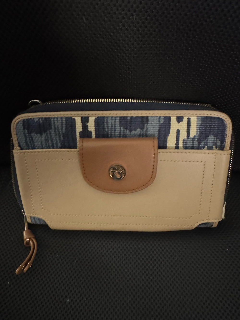 Spartina 449 Beige Wallet with Tan Trim and Blue Pattern